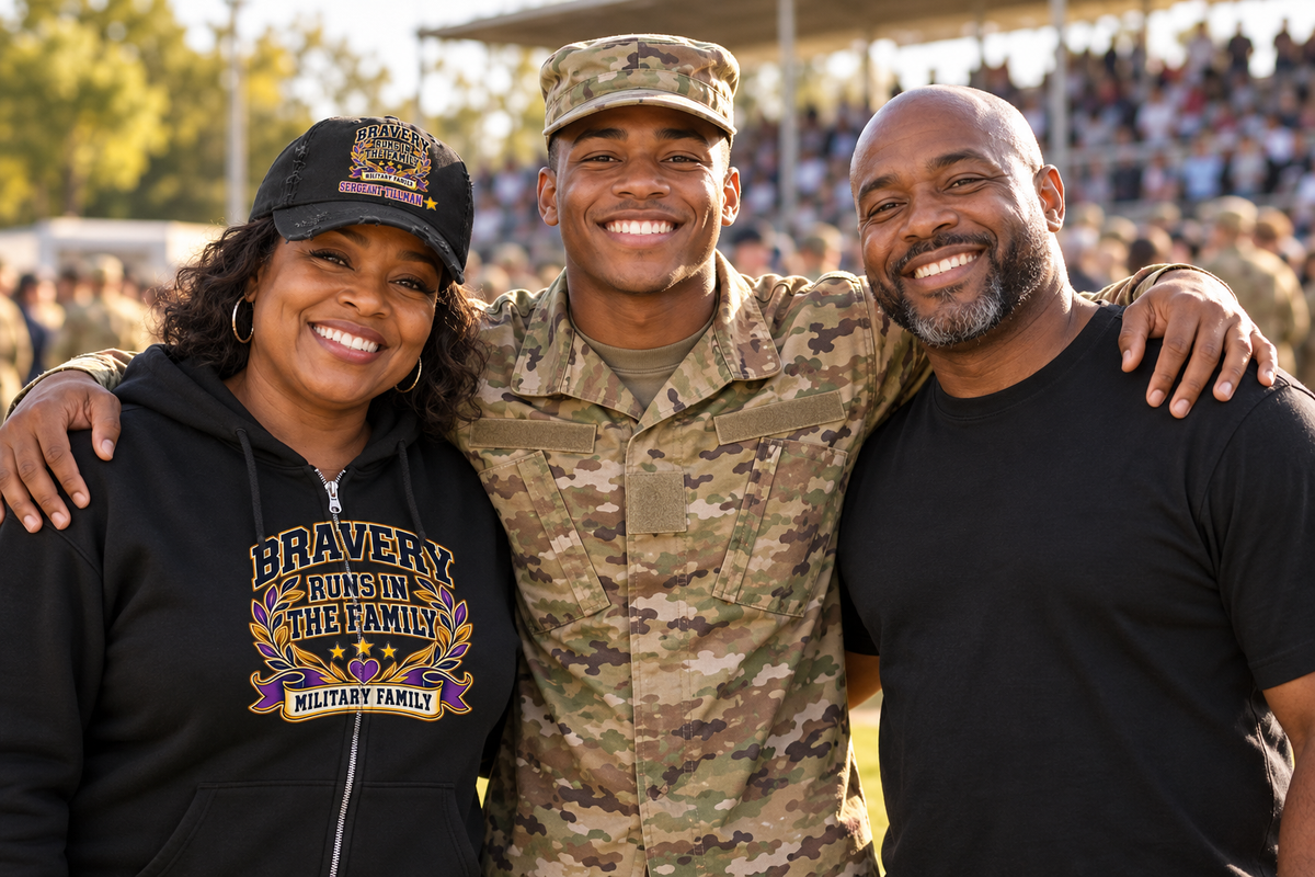 Promotional military graduation reunion with Bravery Runs in the Family hoodie and cap
