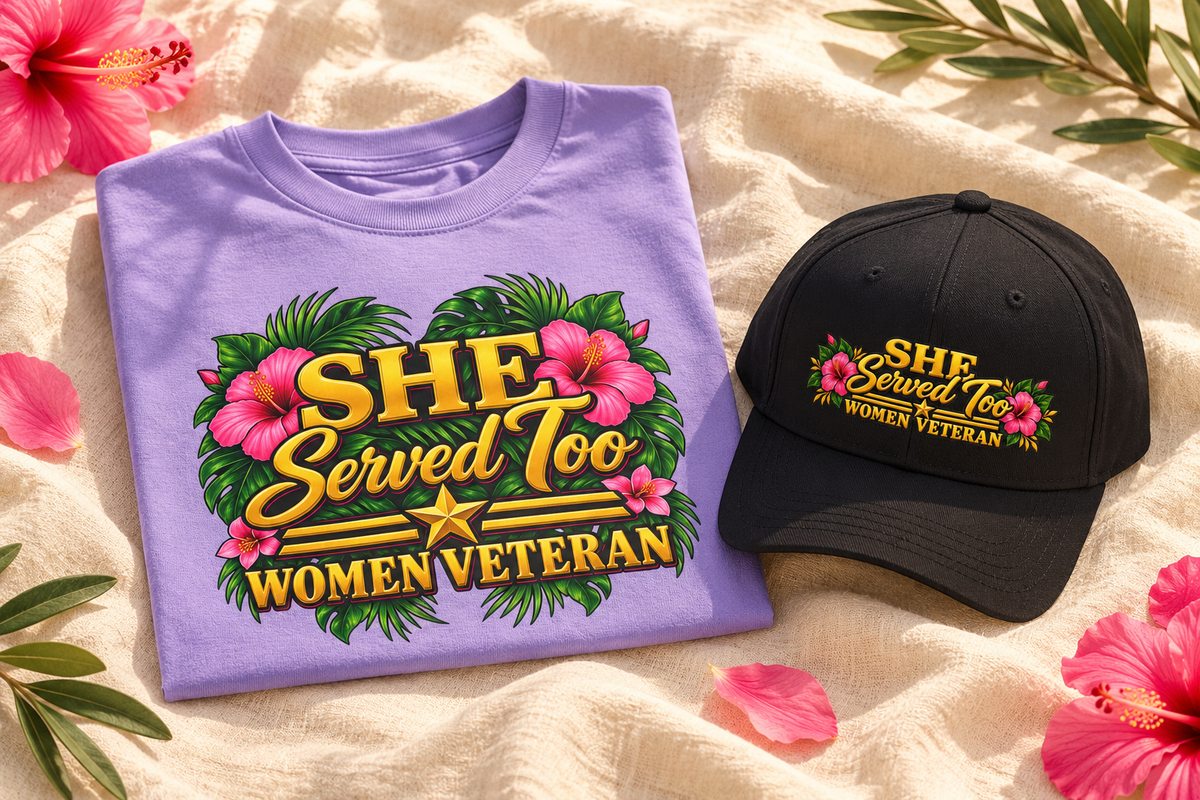 She Served Too matching cap and lavender shirt promotional flat lay