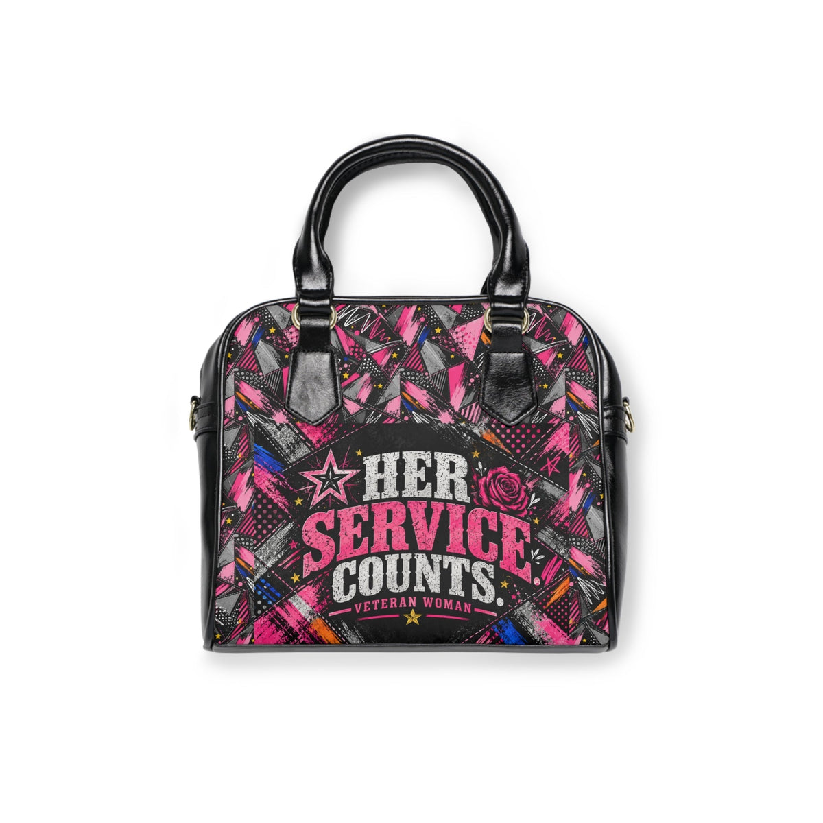 Her Service Counts pink patchwork veteran shoulder handbag
