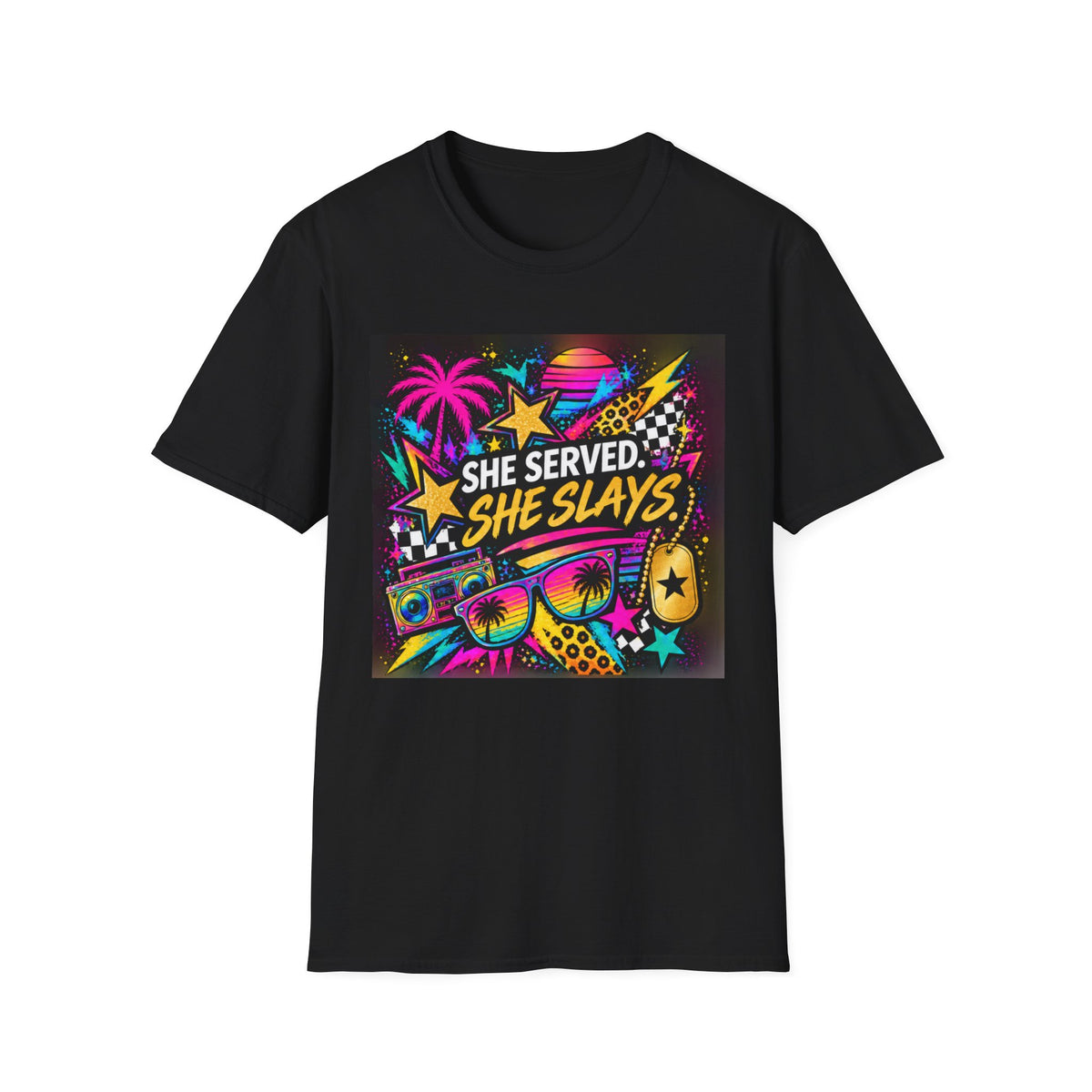 She Served. She Slays. | 80s Retro Veteran Graphic Tee
