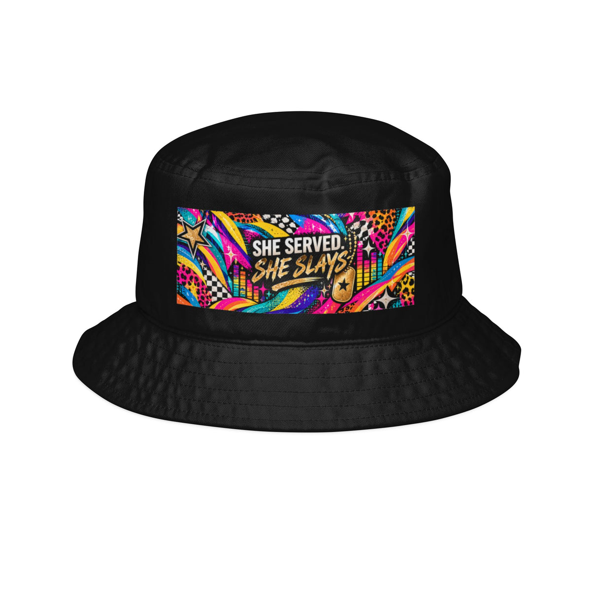 She Served. She Slays. | Retro Veteran Bucket Hat