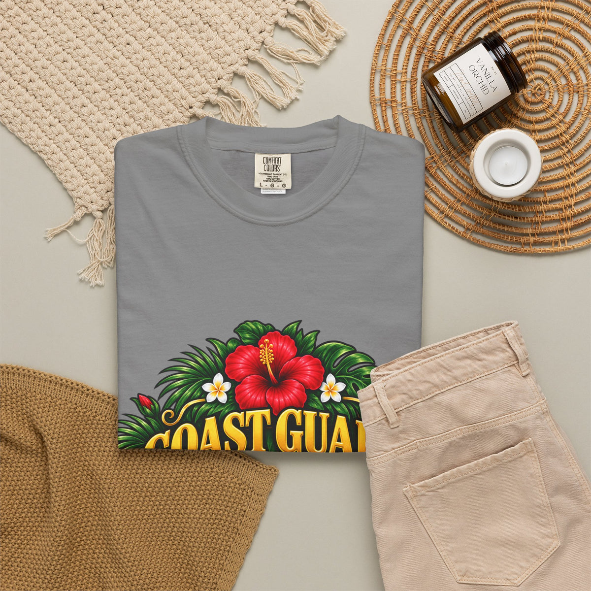 Coast Guard Veteran | Red Hibiscus Floral Garment-Dyed Tee