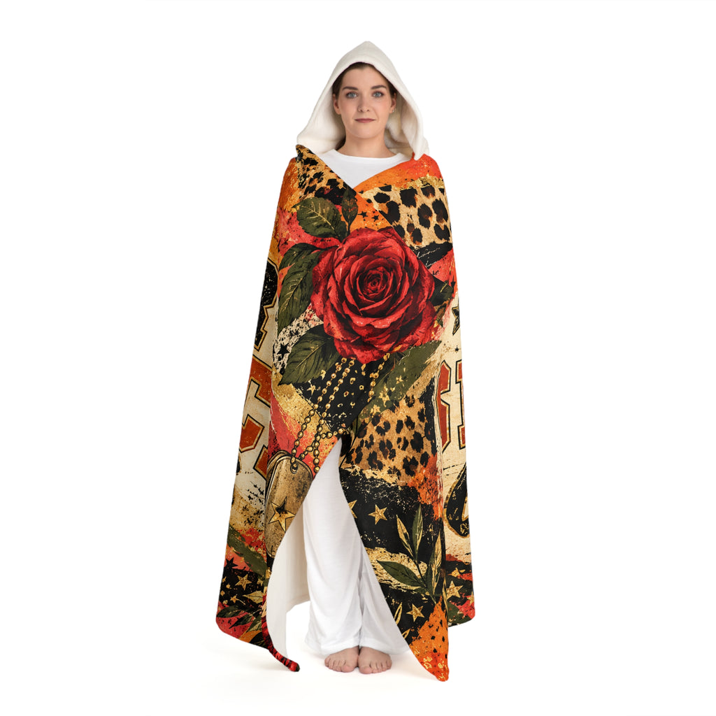 Hooded Sherpa Fleece Blanket with Leopard Print and Red Rose Design