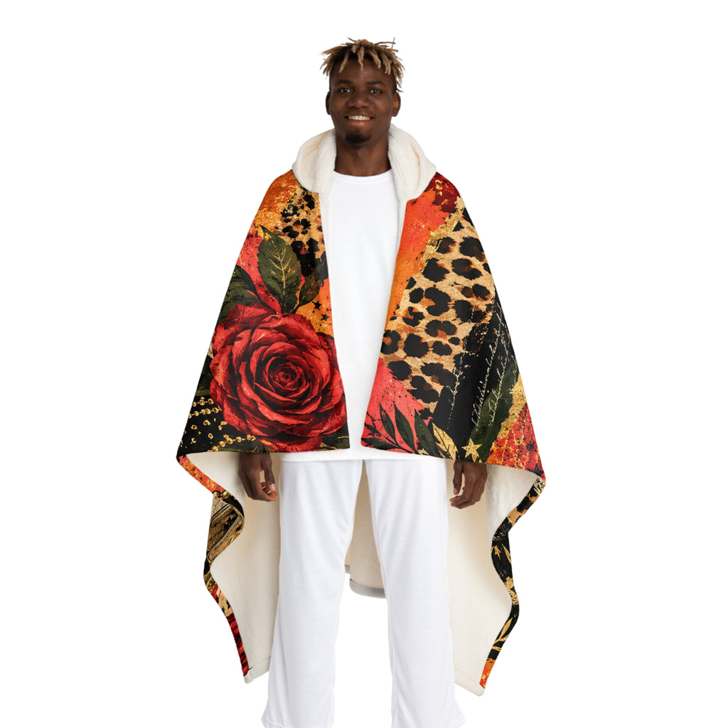 Hooded Sherpa Fleece Blanket with Leopard Print and Red Rose Design