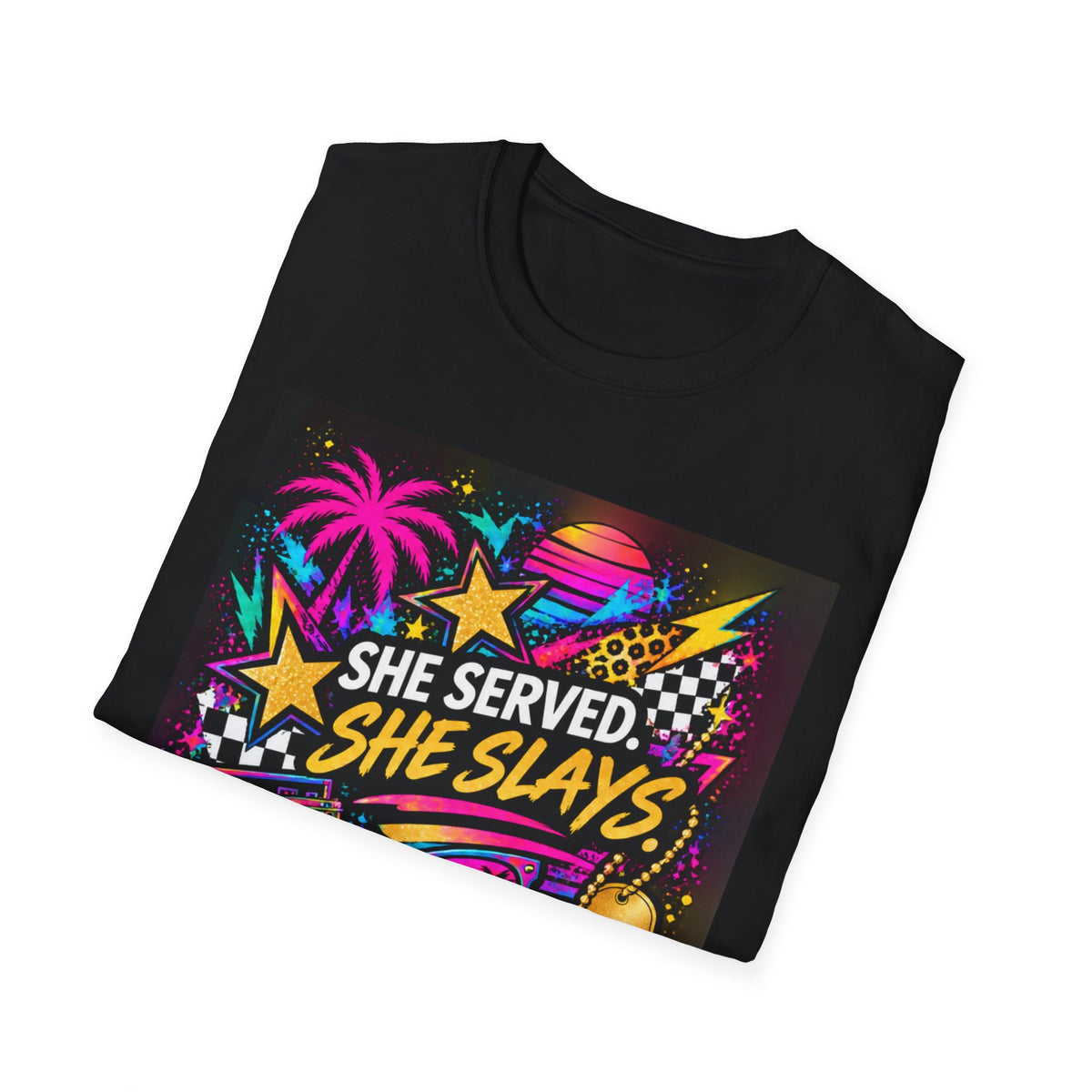 She Served. She Slays. | 80s Retro Veteran Graphic Tee
