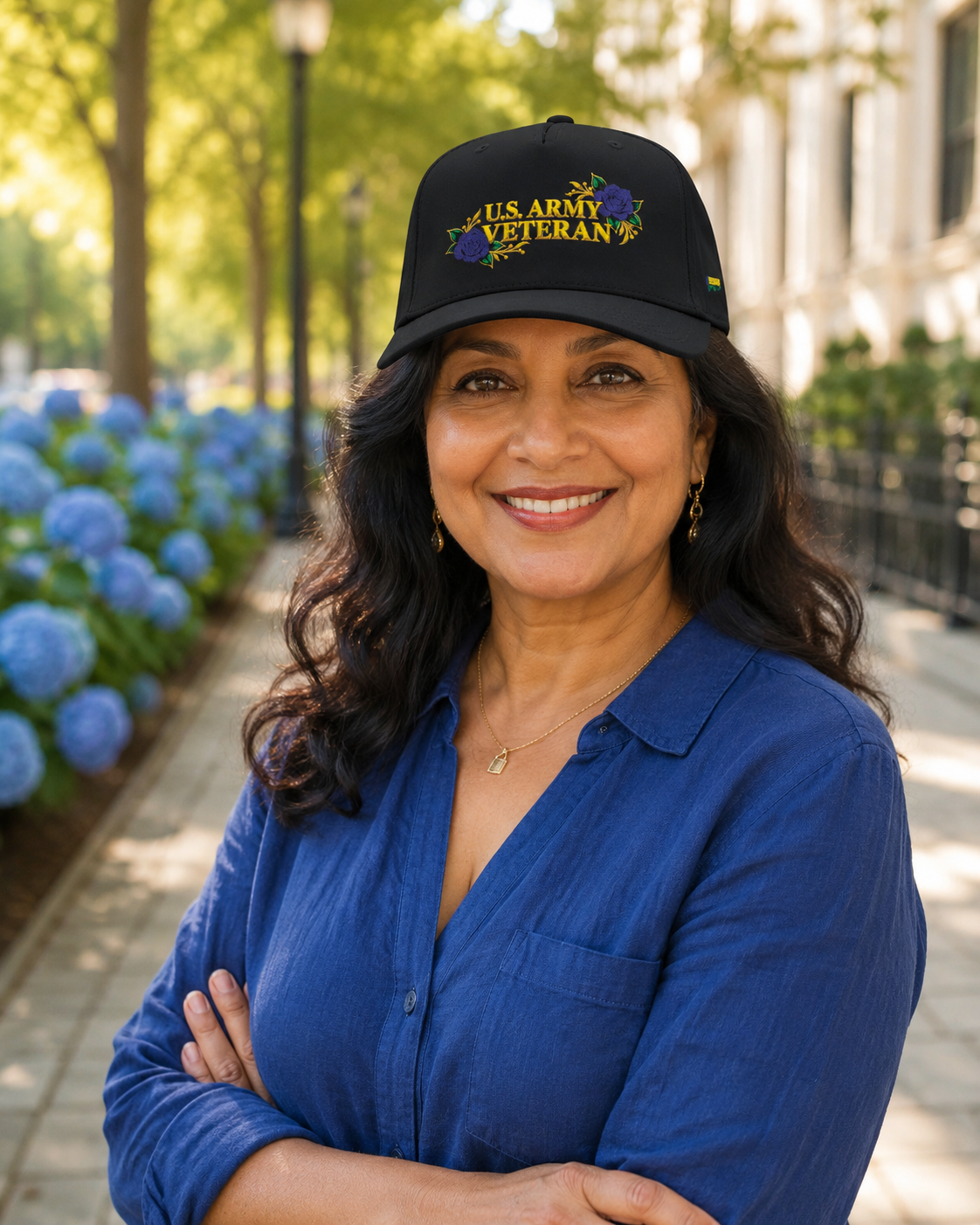 Woman veteran wearing the Blue Rose Courage U.S. Army Veteran cap