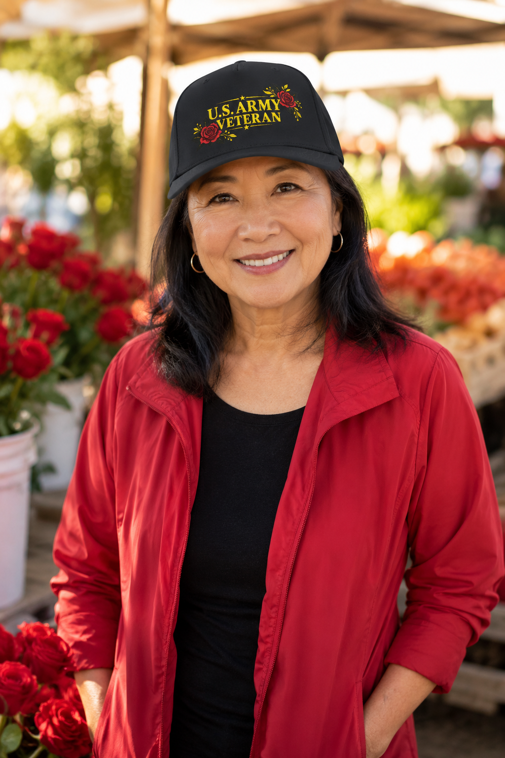 Woman veteran wearing the Bold Red Roses U.S. Army Veteran cap