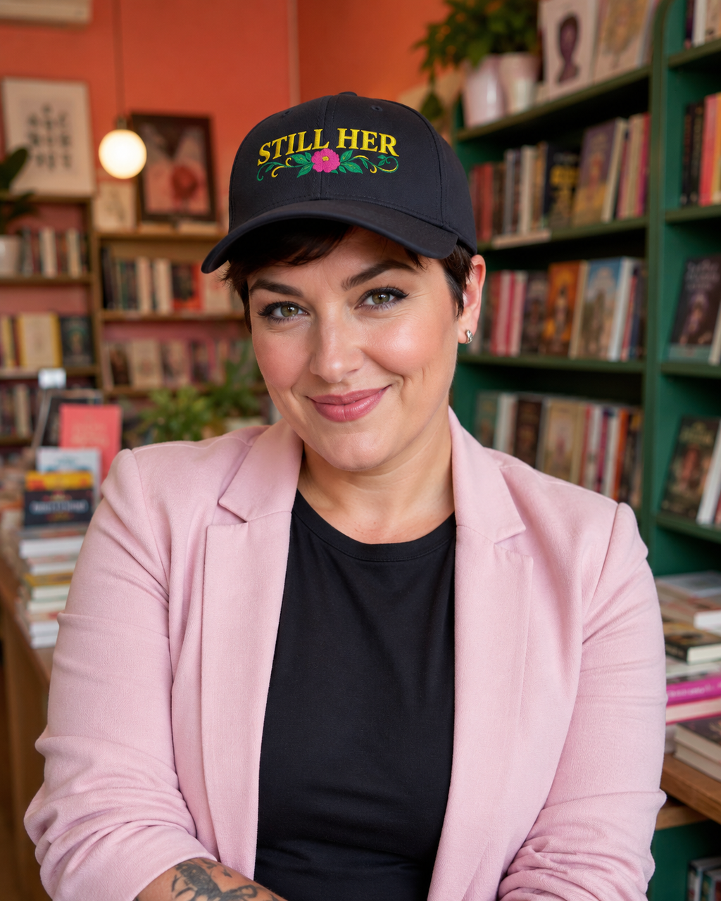 Woman veteran wearing the Still Her floral cap