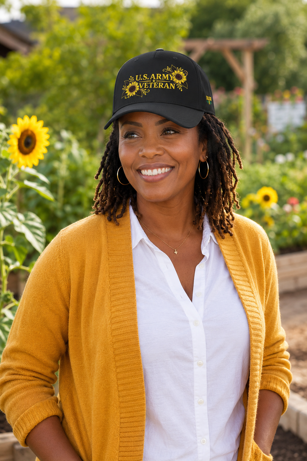 Woman veteran wearing the Sunshine and Strength U.S. Army Veteran cap